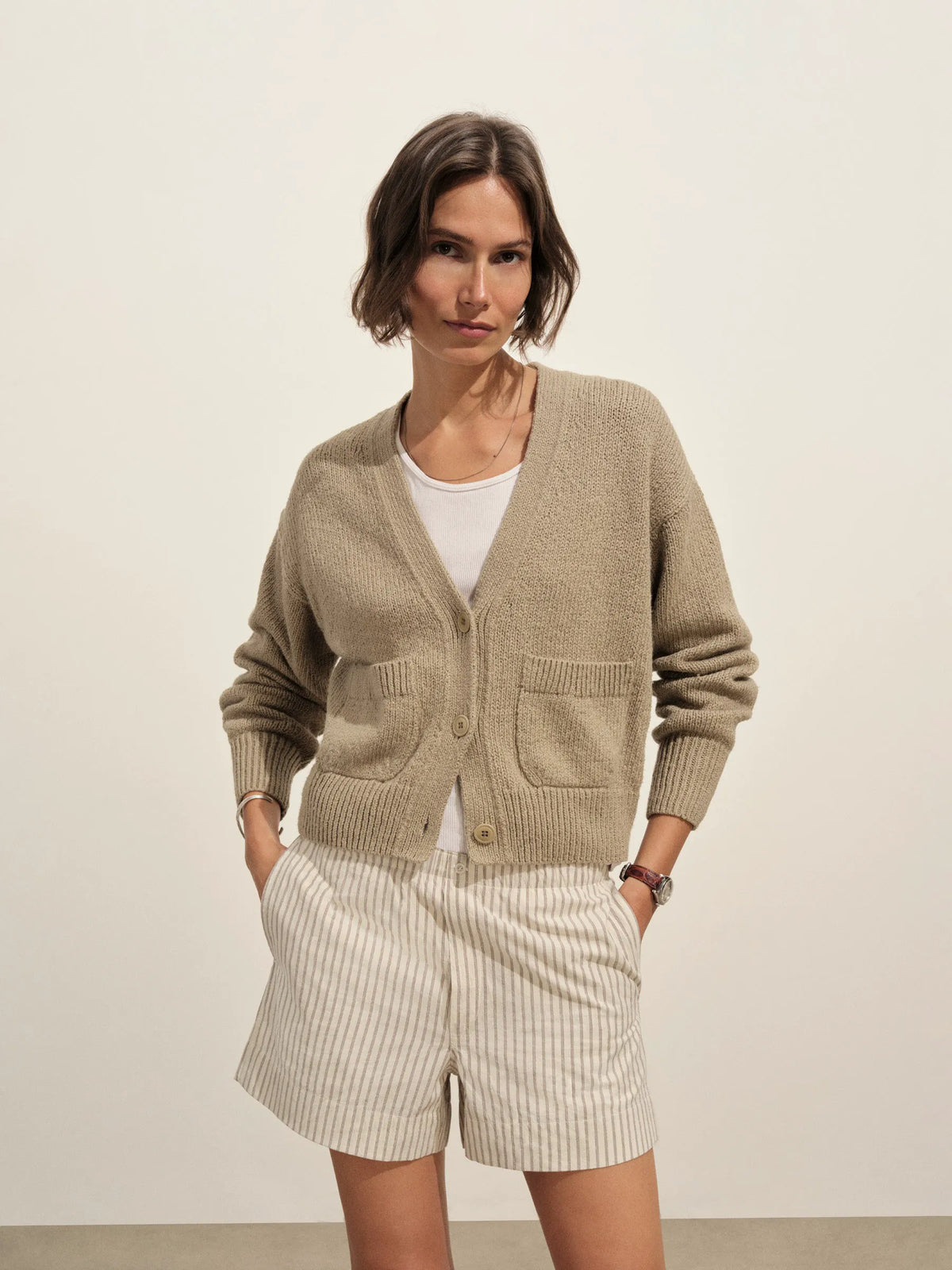 Washed Khaki Soft Spun Cotton Boxy Cardigan