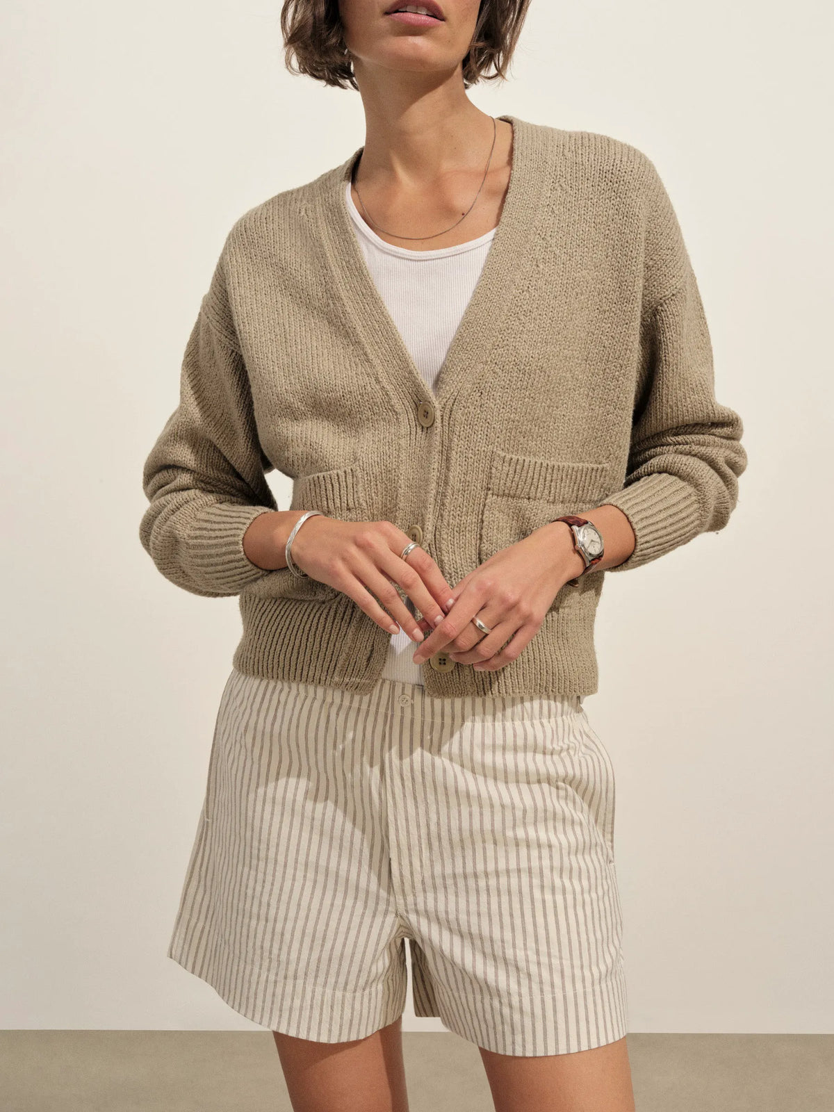 Washed Khaki Soft Spun Cotton Boxy Cardigan