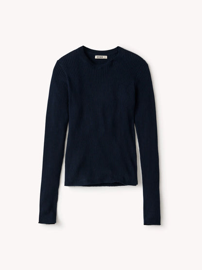 Dark Navy Featherweight Silk Cashmere L/S Crew