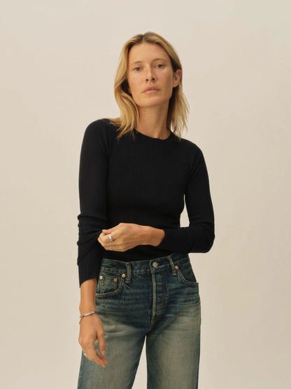Dark Navy Featherweight Silk Cashmere L/S Crew