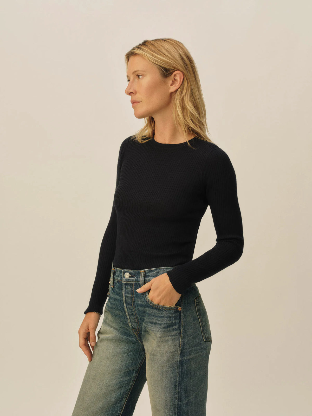Dark Navy Featherweight Silk Cashmere L/S Crew