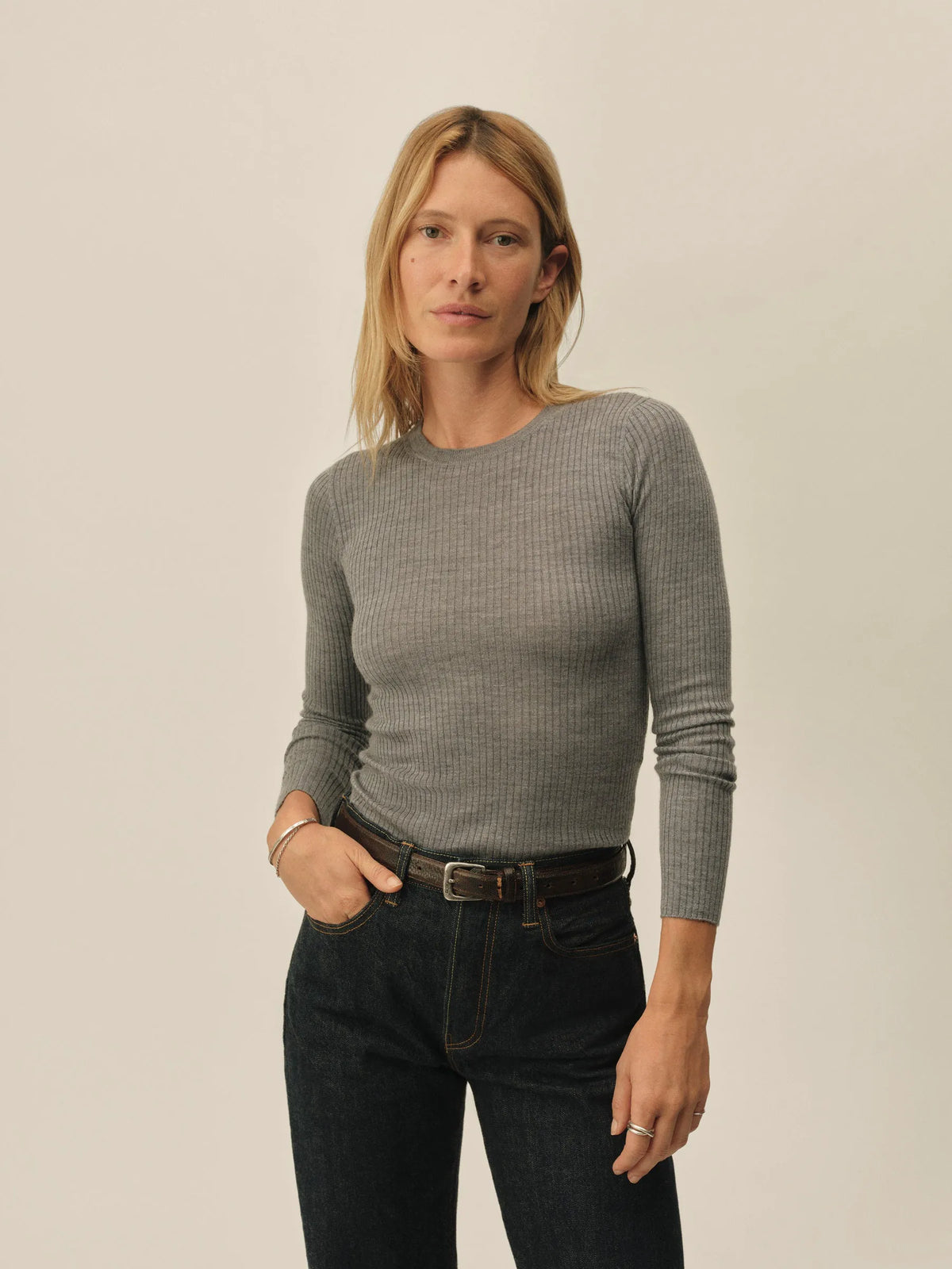Heather Grey Featherweight Silk Cashmere L/S Crew