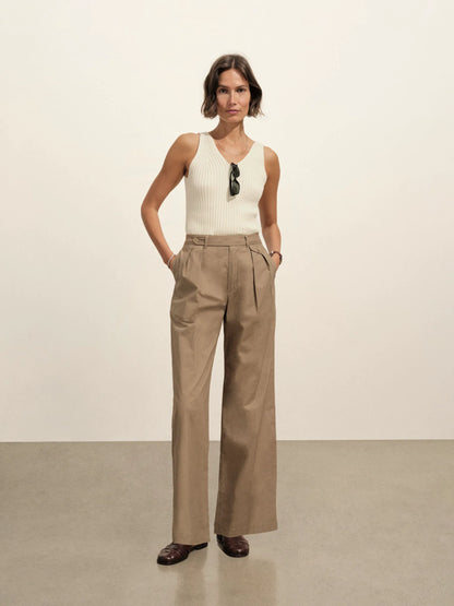 Washed Khaki Paperweight Poplin Pleated Trouser