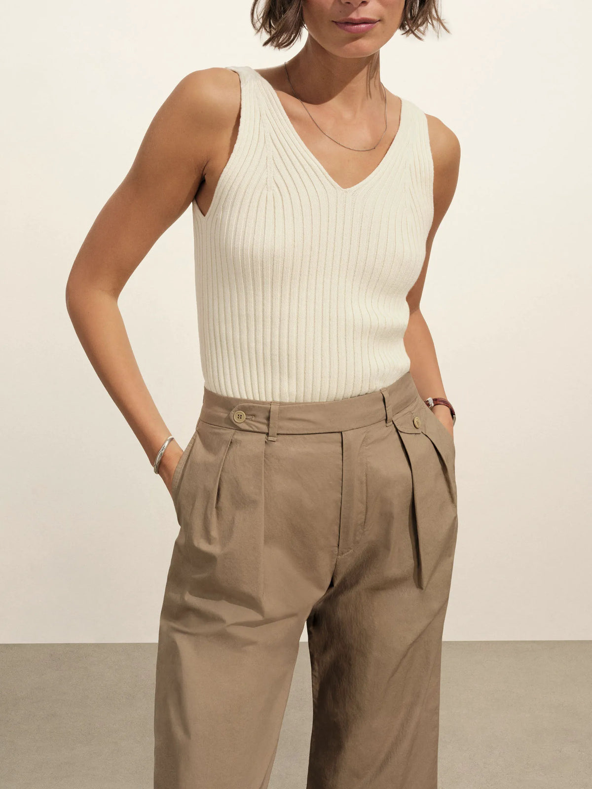 Washed Khaki Paperweight Poplin Pleated Trouser
