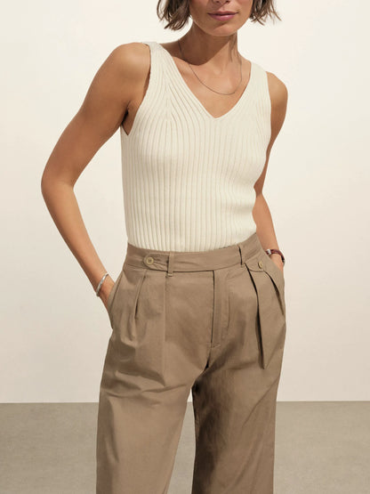Washed Khaki Paperweight Poplin Pleated Trouser