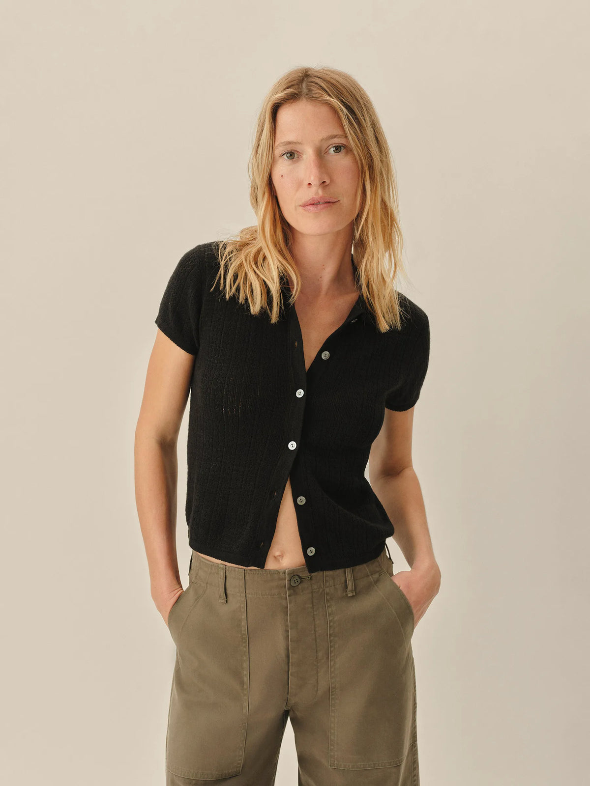 Black Coastal Linen Pointelle Polo