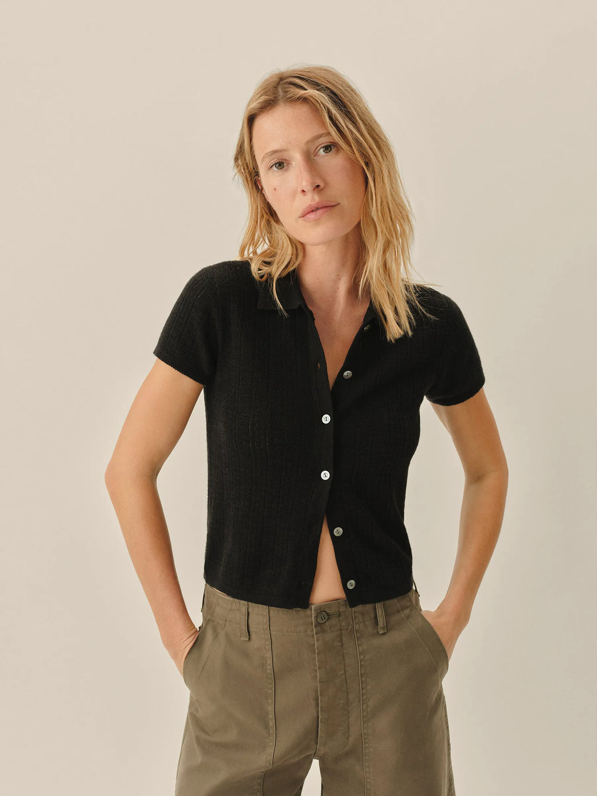 Black Coastal Linen Pointelle Polo