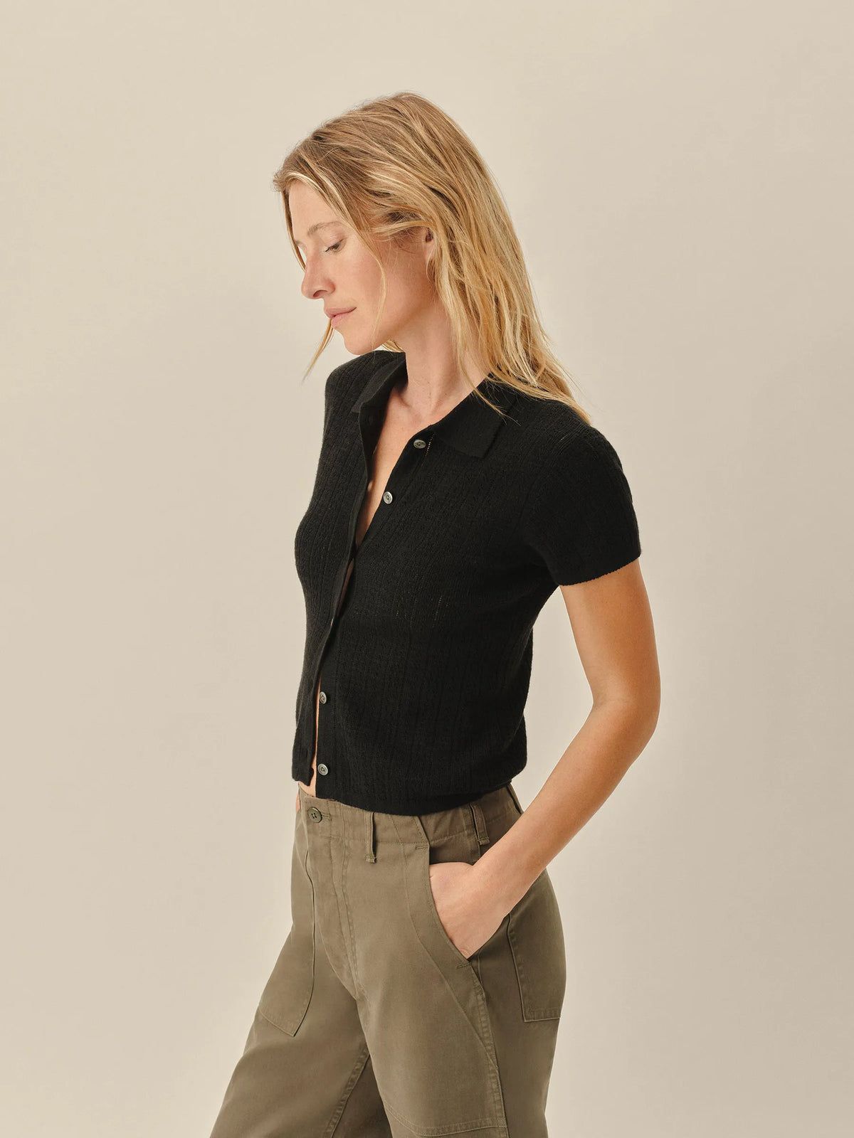 Black Coastal Linen Pointelle Polo