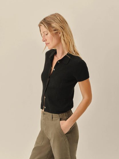 Black Coastal Linen Pointelle Polo