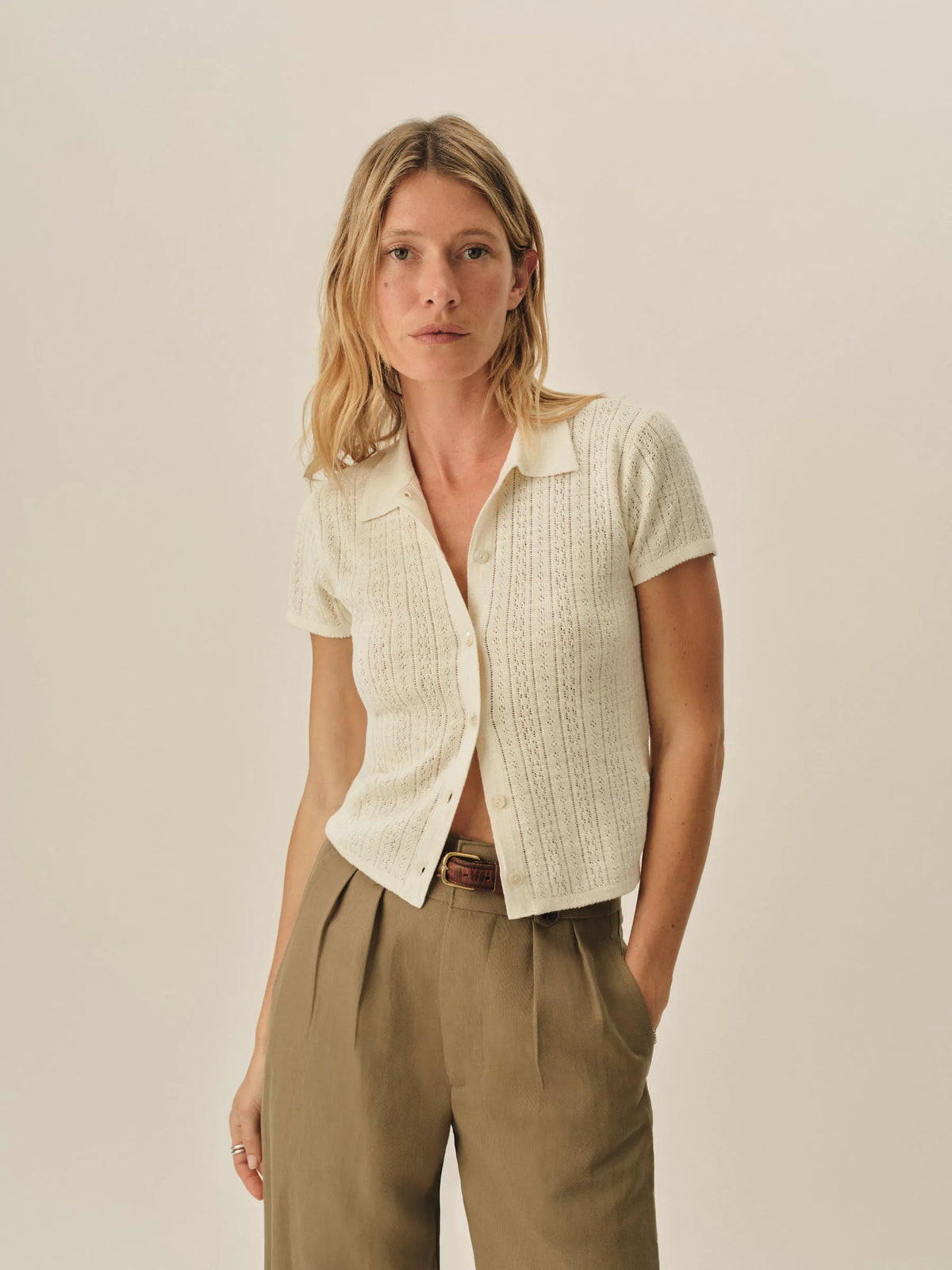Soft White Coastal Linen Pointelle Polo