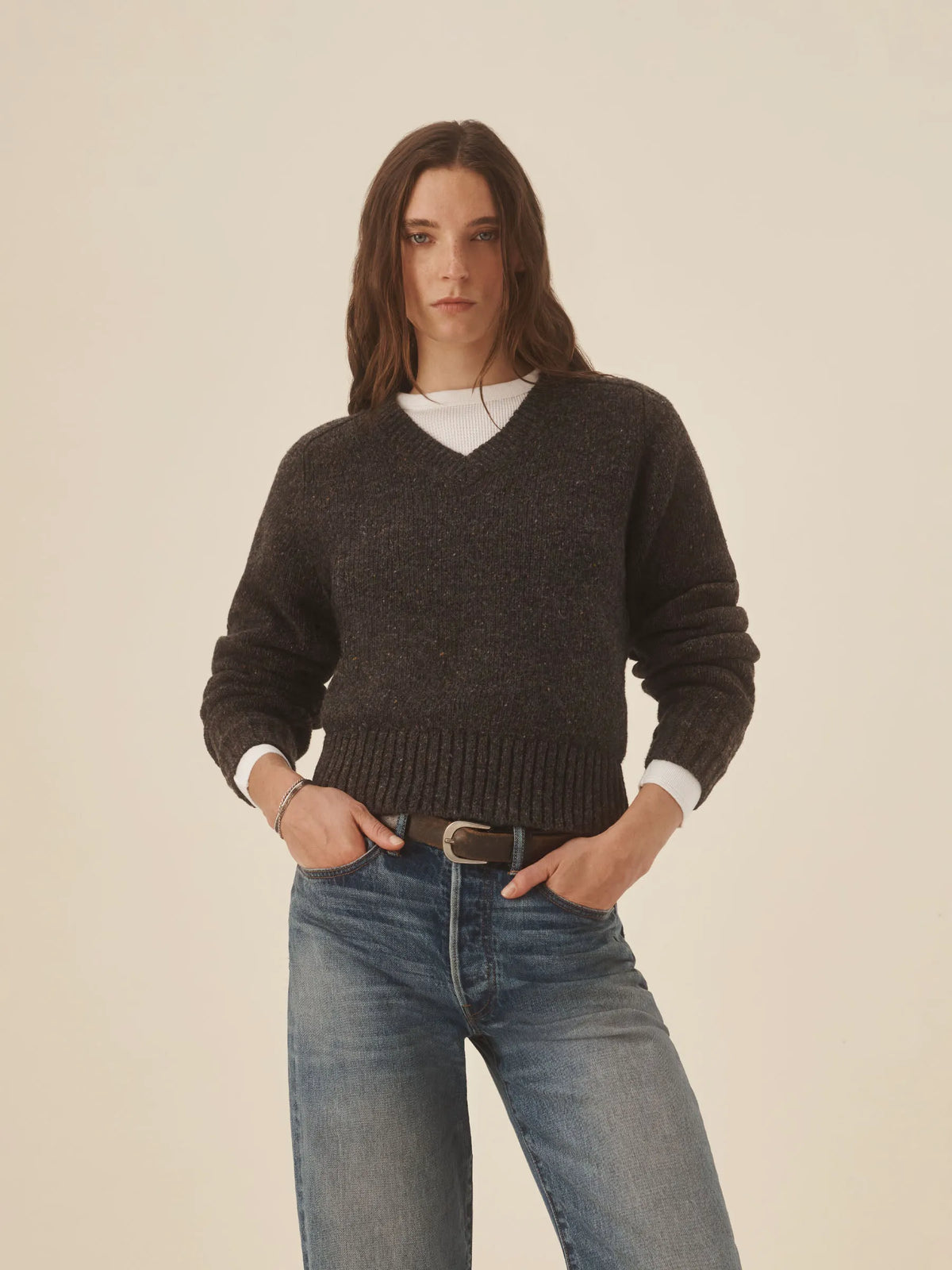 Cobblestone Seastack Wool Tweed V-Neck