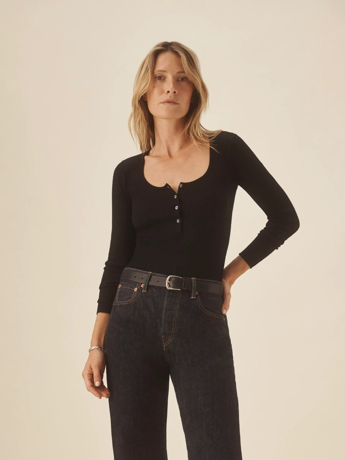 Black Featherweight Silk Cashmere Scoop Henley