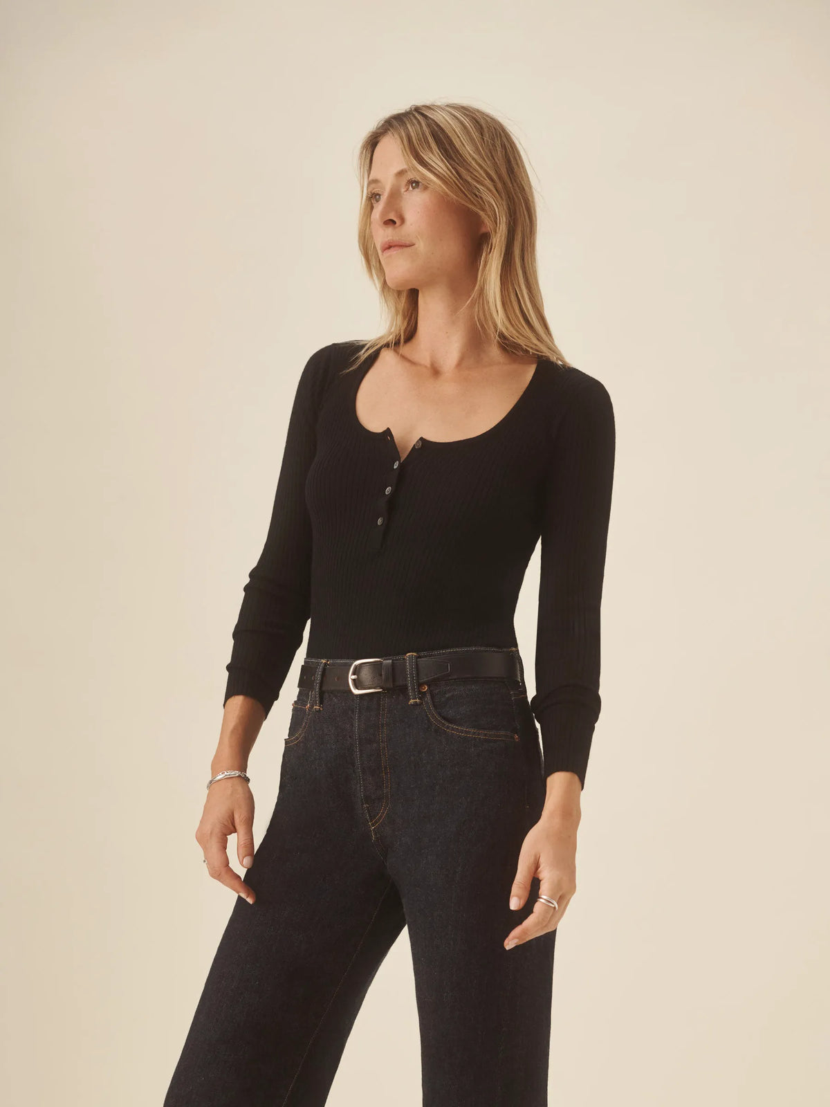 Black Featherweight Silk Cashmere Scoop Henley