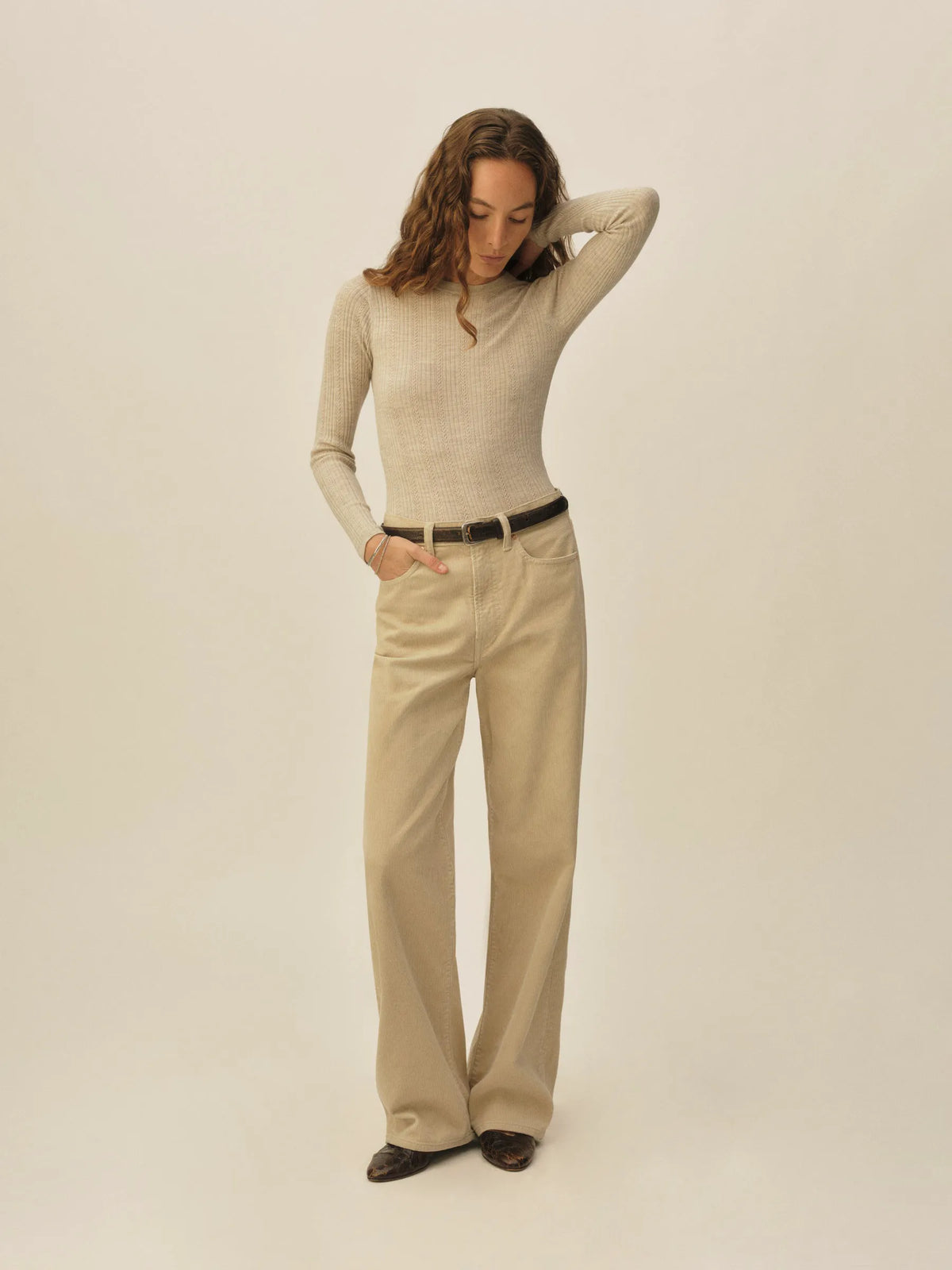 Heather Oat Featherweight Silk Cashmere Pointelle L/S Crew