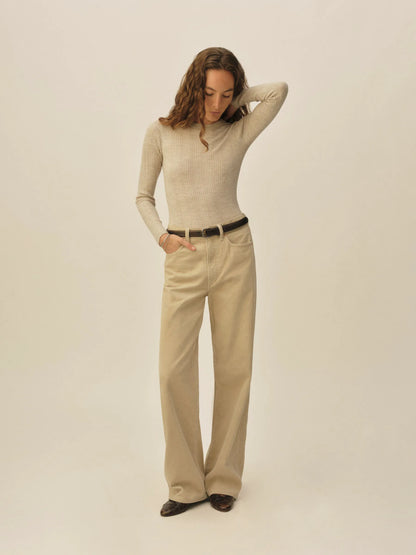 Heather Oat Featherweight Silk Cashmere Pointelle L/S Crew