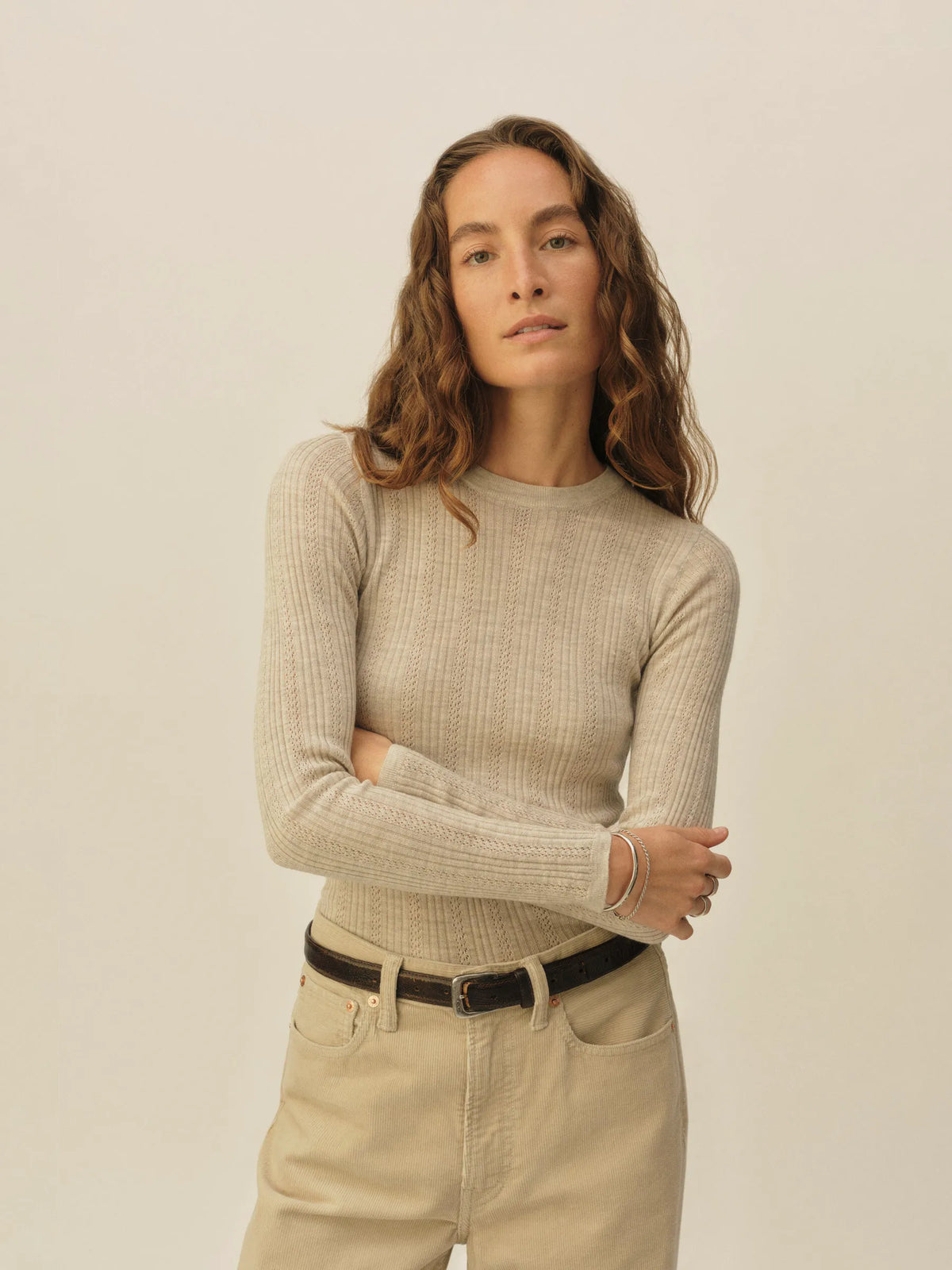 Heather Oat Featherweight Silk Cashmere Pointelle L/S Crew