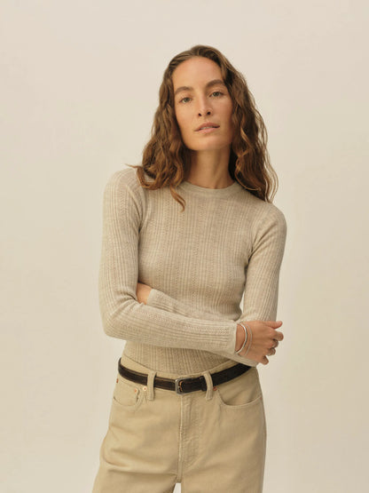 Heather Oat Featherweight Silk Cashmere Pointelle L/S Crew