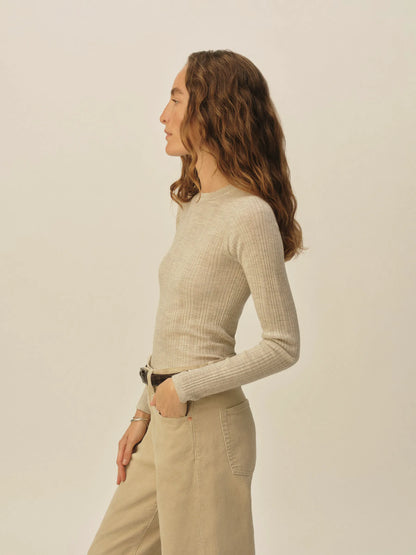 Heather Oat Featherweight Silk Cashmere Pointelle L/S Crew