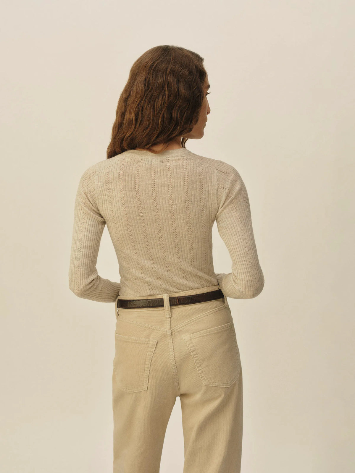 Heather Oat Featherweight Silk Cashmere Pointelle L/S Crew