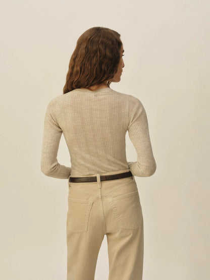 Heather Oat Featherweight Silk Cashmere Pointelle L/S Crew