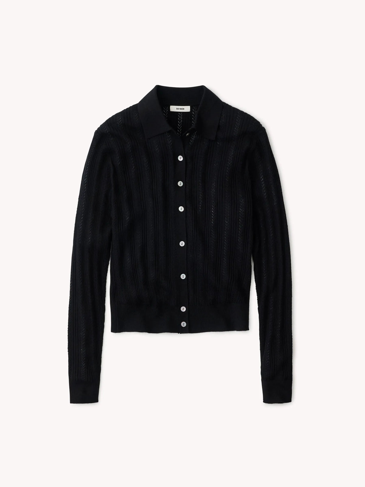 Black Featherweight Silk Cashmere Pointelle Collared Cardigan