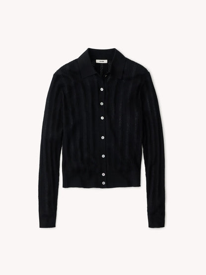 Black Featherweight Silk Cashmere Pointelle Collared Cardigan