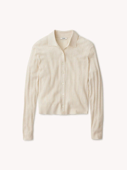 Natural Featherweight Silk Cashmere Pointelle Collared Cardigan