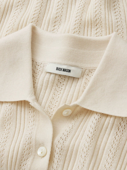 Natural Featherweight Silk Cashmere Pointelle Collared Cardigan