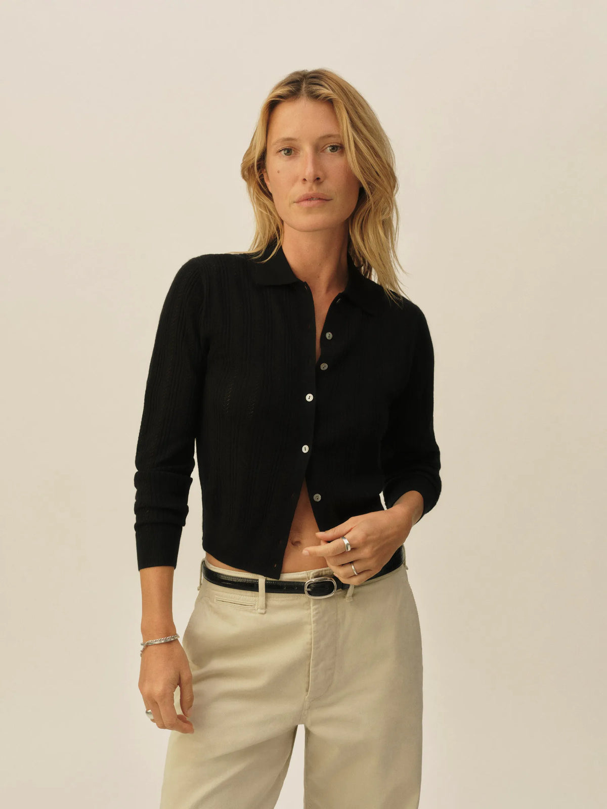 Black Featherweight Silk Cashmere Pointelle Collared Cardigan
