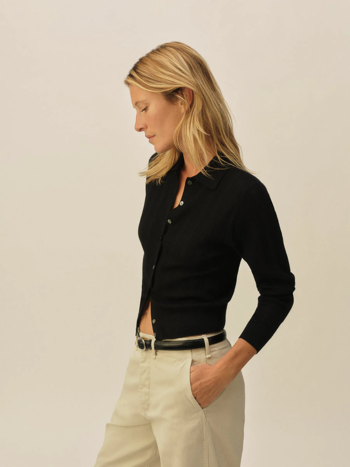 Black Featherweight Silk Cashmere Pointelle Collared Cardigan