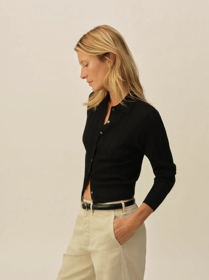 Black Featherweight Silk Cashmere Pointelle Collared Cardigan
