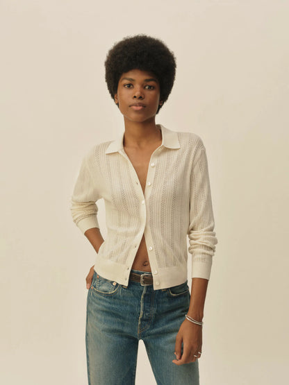 Natural Featherweight Silk Cashmere Pointelle Collared Cardigan