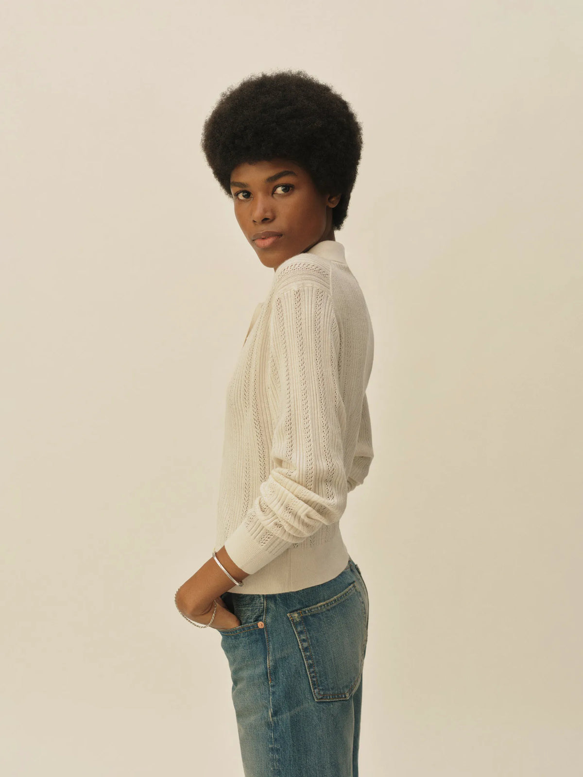 Natural Featherweight Silk Cashmere Pointelle Collared Cardigan