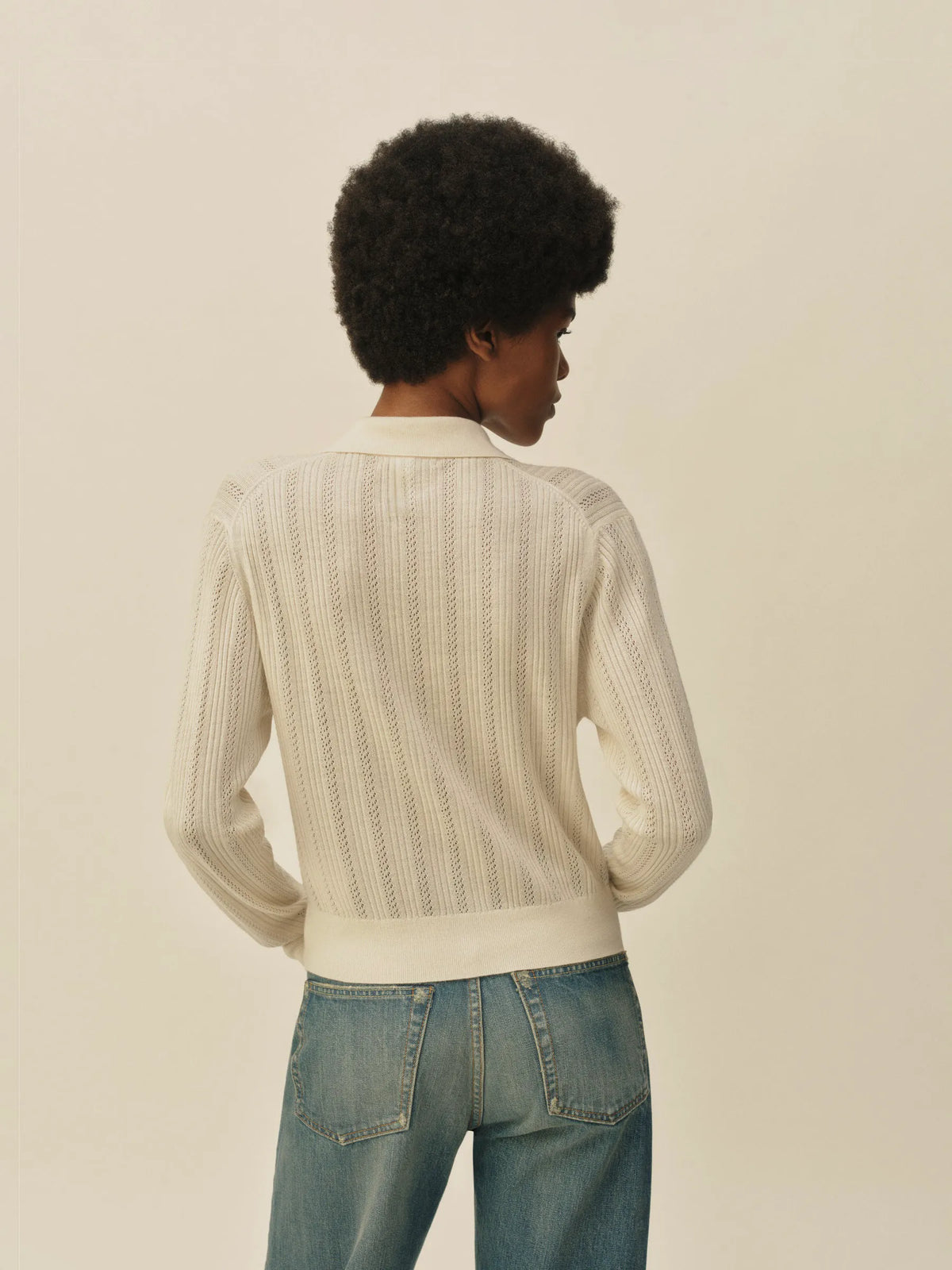 Natural Featherweight Silk Cashmere Pointelle Collared Cardigan