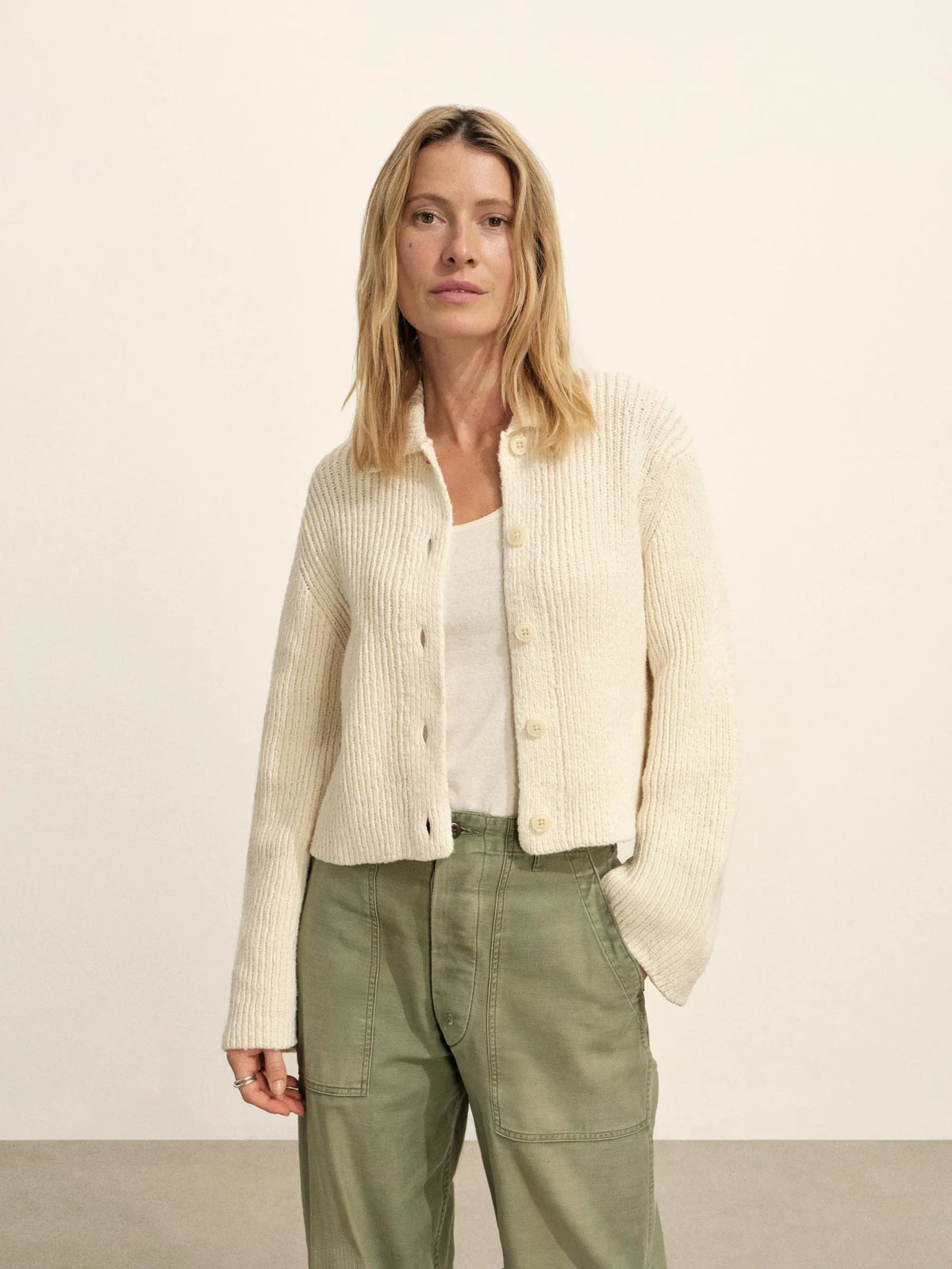 Natural Soft Spun Cotton Collared Cardigan
