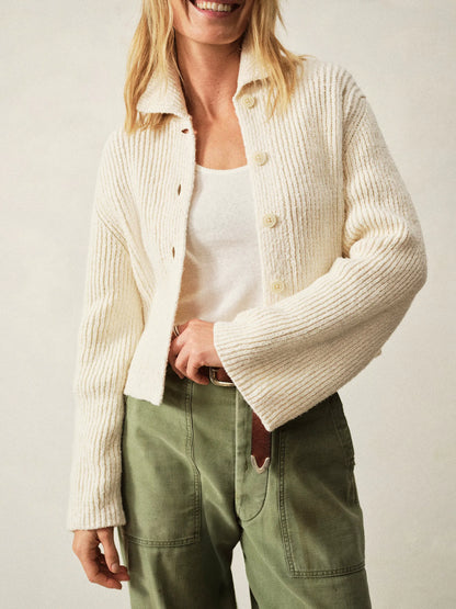 Natural Soft Spun Cotton Collared Cardigan