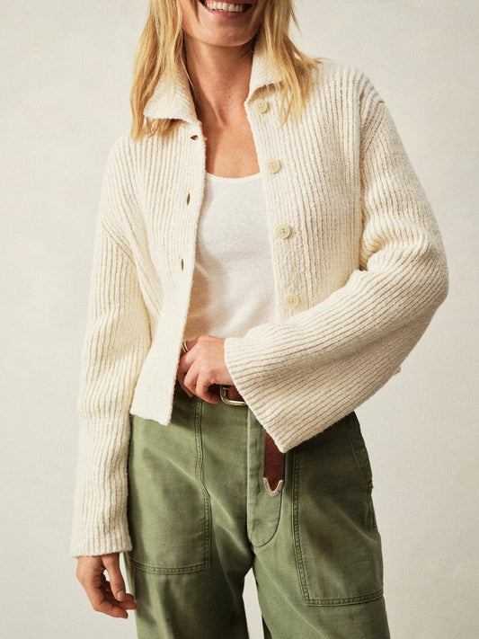 Natural Soft Spun Cotton Collared Cardigan