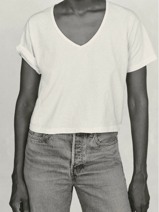 White Toughknit Boyfriend Crop V-Neck Tee